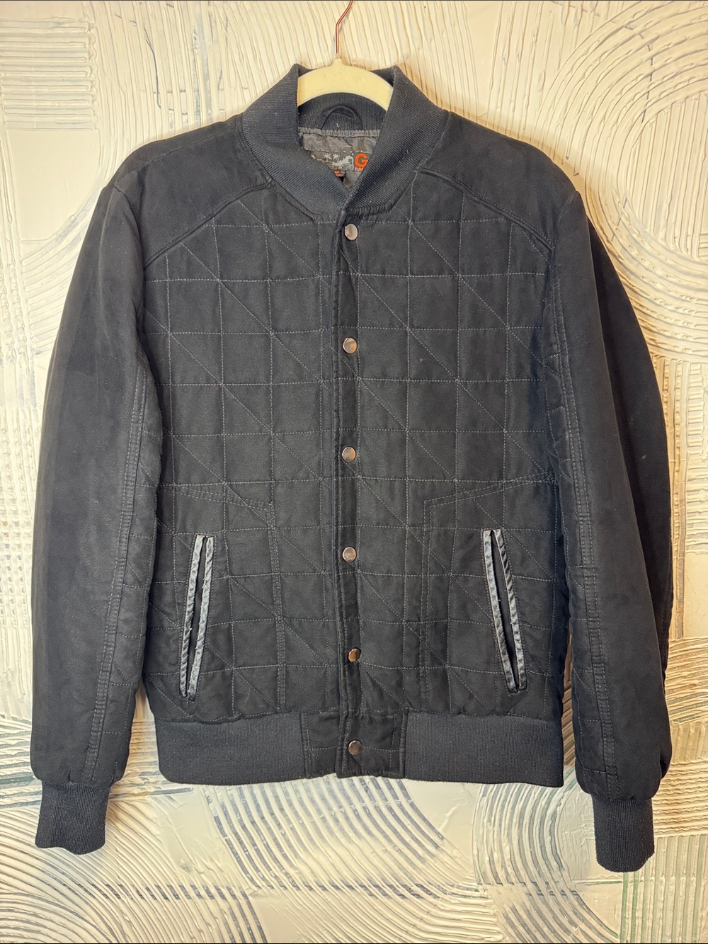 G by GUESS Men’s M Black Quilted Bomber Jacket Snap Front Y2K Streetwear